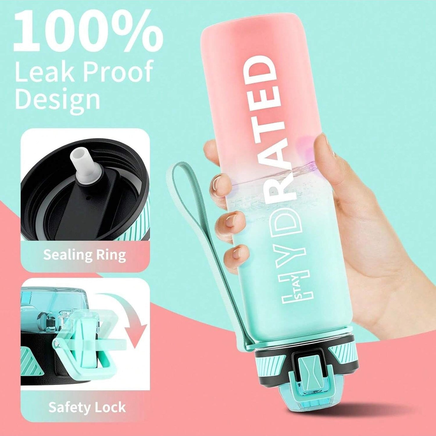 QLUR 32oz Motivational Water Bottle - Green and Pink